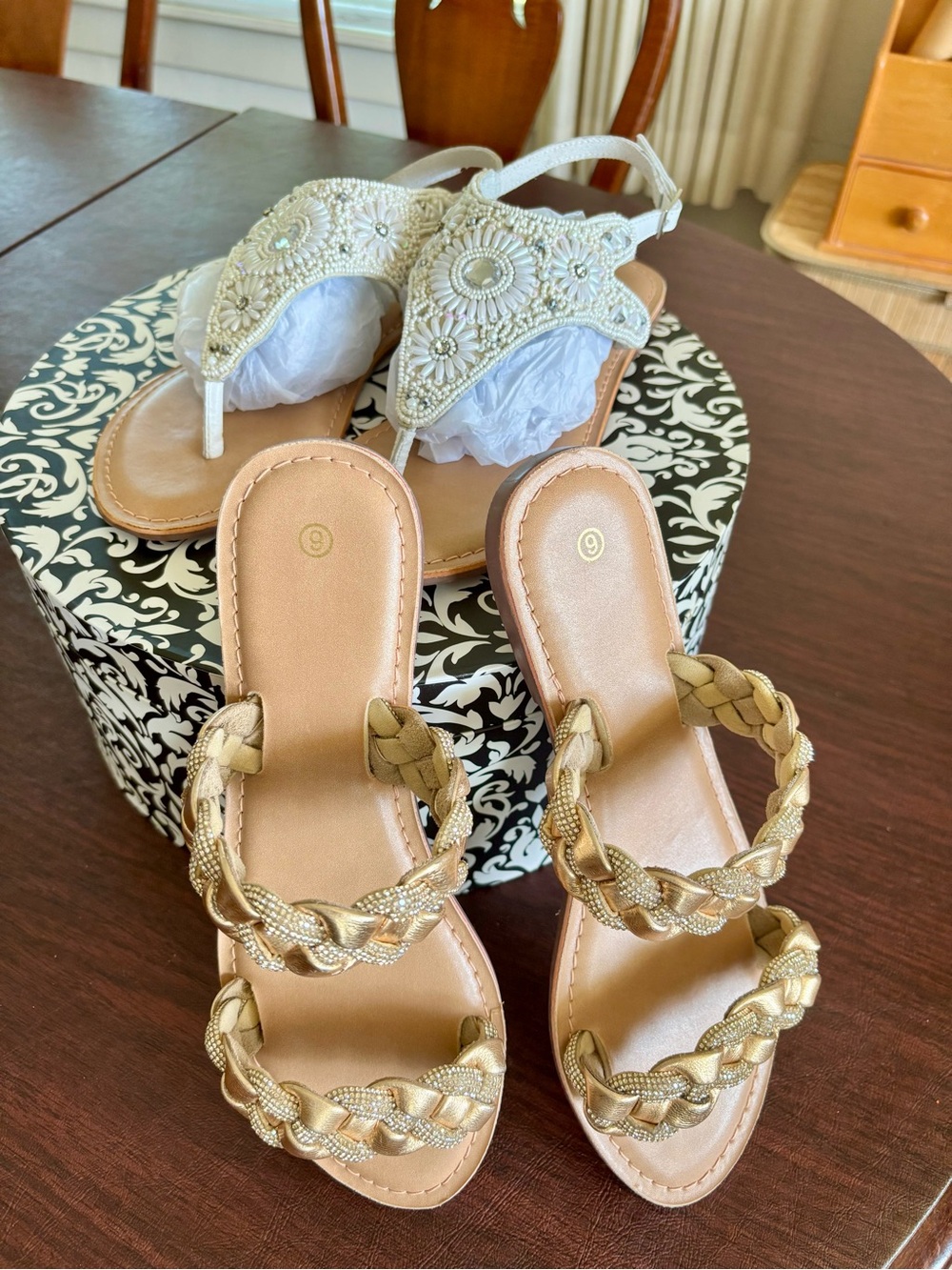 Sparkly Sandal Bundle | Gold Braided & Embellished White Sandals | NWOT | 9